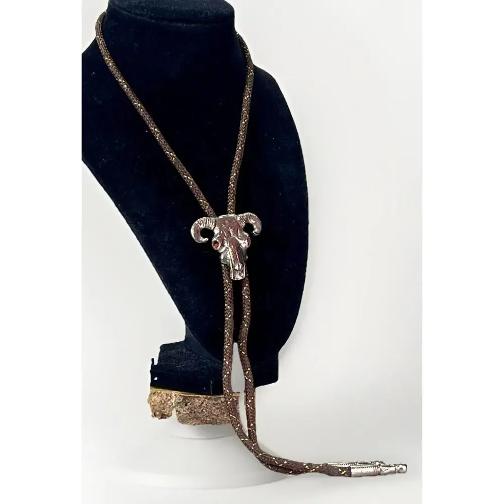 Western Ram Skull Bolo Tie Silver Tone Red Eyes Brown Braided Cord 33”